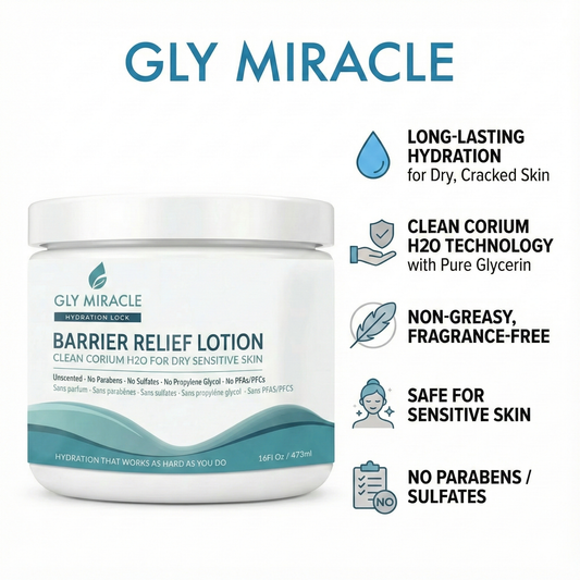 Gly Miracle Barrier Relief Clean Corium H2O Deep Moisture Lotion 16 oz Jar Long-Lasting Hydration for Dry, Cracked Skin Non-Greasy, Fragrance-Free with Pure Glycerin Safe for Sensitive Skin No Parabens/Sulfates