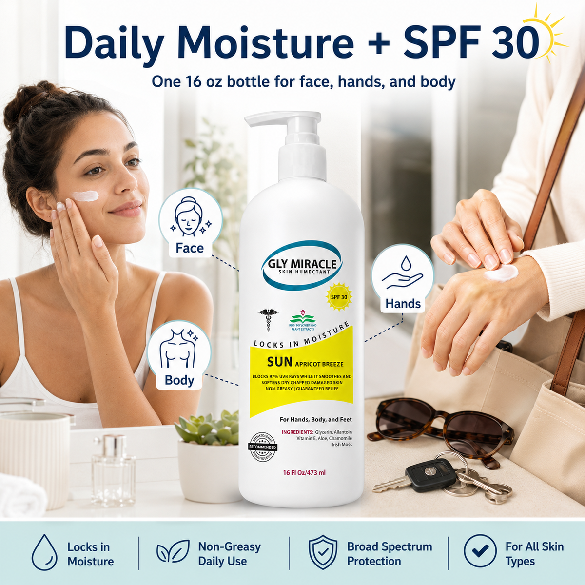 GLY MIRACLE SUN SPF 30 Sunscreen Body Lotion, 16 oz, Apricot Breeze