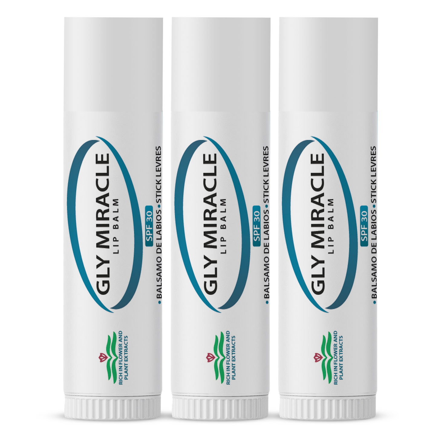 GLY MIRACLE Moisturizing Unflavored Lip Balm Bundle of Three (3) SPF 30 Natural Elixir of Aloe Vera, Bees Wax, Coconut Oil, Lanolin, Shea Butter to help repair, protect, nourish and soften lips