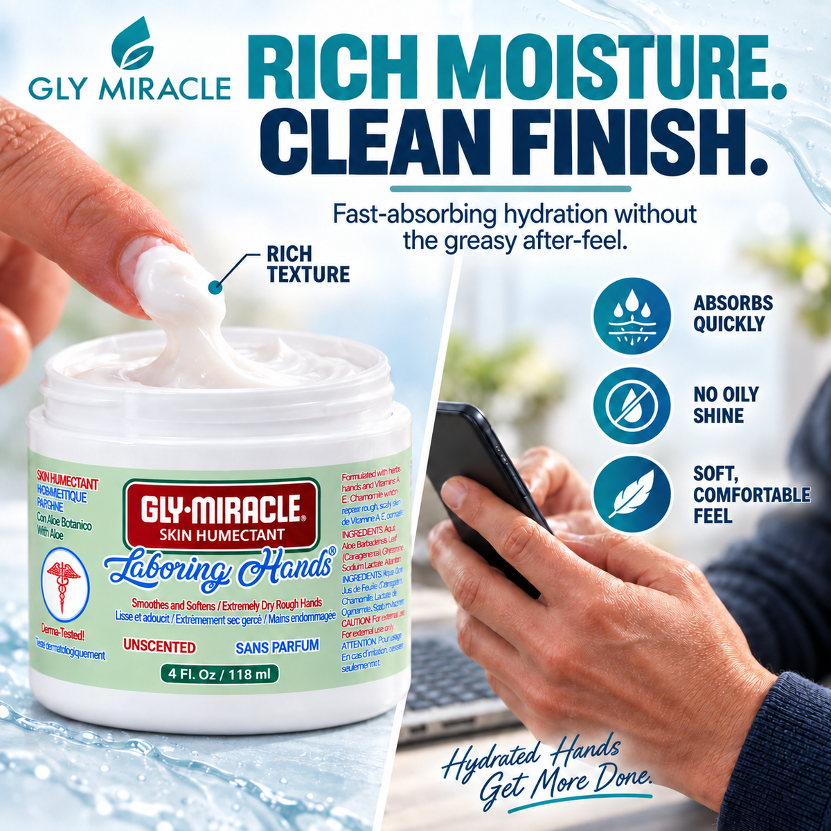 GLY MIRACLE Laboring Hands Skin Humectant 4 oz Gel Hand Cream Protective Layer Locks Intense Moisture to Repair Extremely Dry Cracked Callous Hands & Cuticles; Smooths & Softens; UNSCENTED