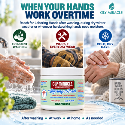 GLY MIRACLE Laboring Hands Skin Humectant 4 oz Gel Hand Cream Protective Layer Locks Intense Moisture to Repair Extremely Dry Cracked Callous Hands & Cuticles; Smooths & Softens; UNSCENTED