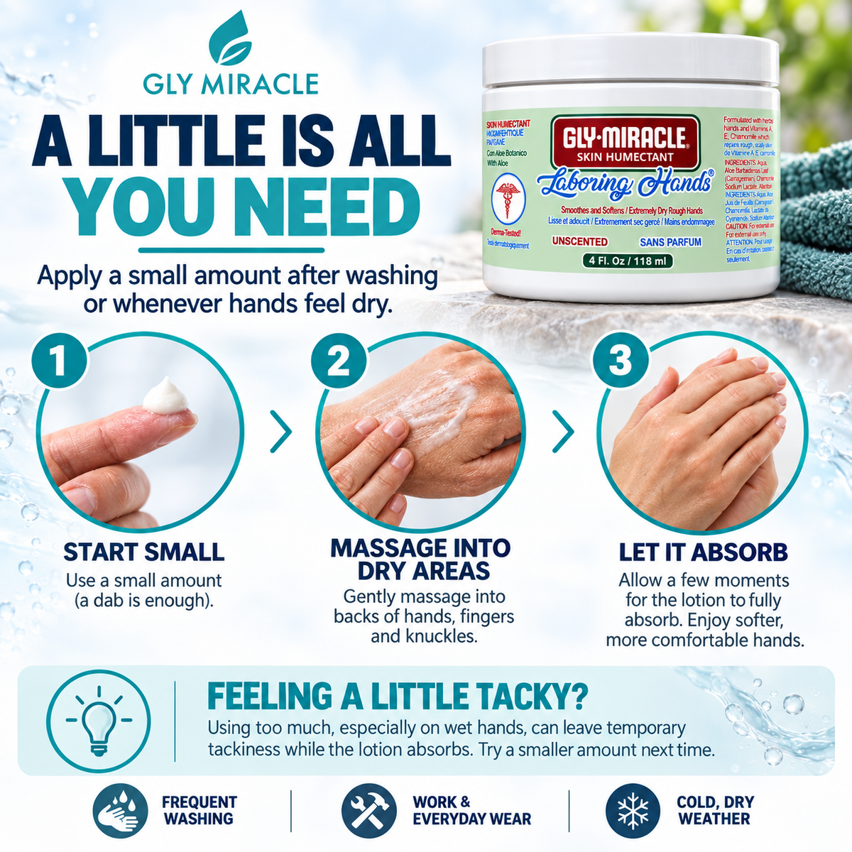 GLY MIRACLE Laboring Hands Skin Humectant 4 oz Gel Hand Cream Protective Layer Locks Intense Moisture to Repair Extremely Dry Cracked Callous Hands & Cuticles; Smooths & Softens; UNSCENTED