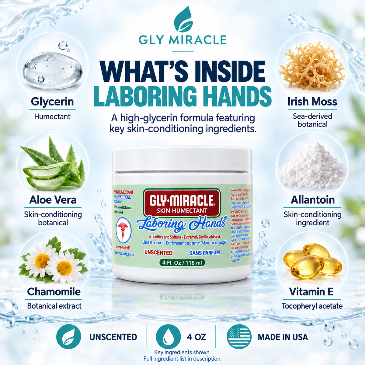 GLY MIRACLE Laboring Hands Skin Humectant 4 oz Gel Hand Cream Protective Layer Locks Intense Moisture to Repair Extremely Dry Cracked Callous Hands & Cuticles; Smooths & Softens; UNSCENTED