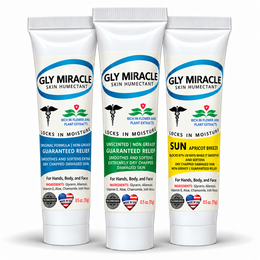 GLY MIRACLE travel tube assortment 3 pack: one each of Original Fresh Scent, Fragrance-Free, and SUN SPF 30 Apricot Breeze