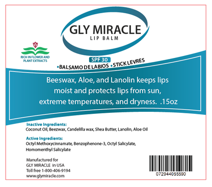GLY MIRACLE Moisturizing Unflavored Lip Balm Bundle of Three (3) SPF 30 Natural Elixir of Aloe Vera, Bees Wax, Coconut Oil, Lanolin, Shea Butter to help repair, protect, nourish and soften lips