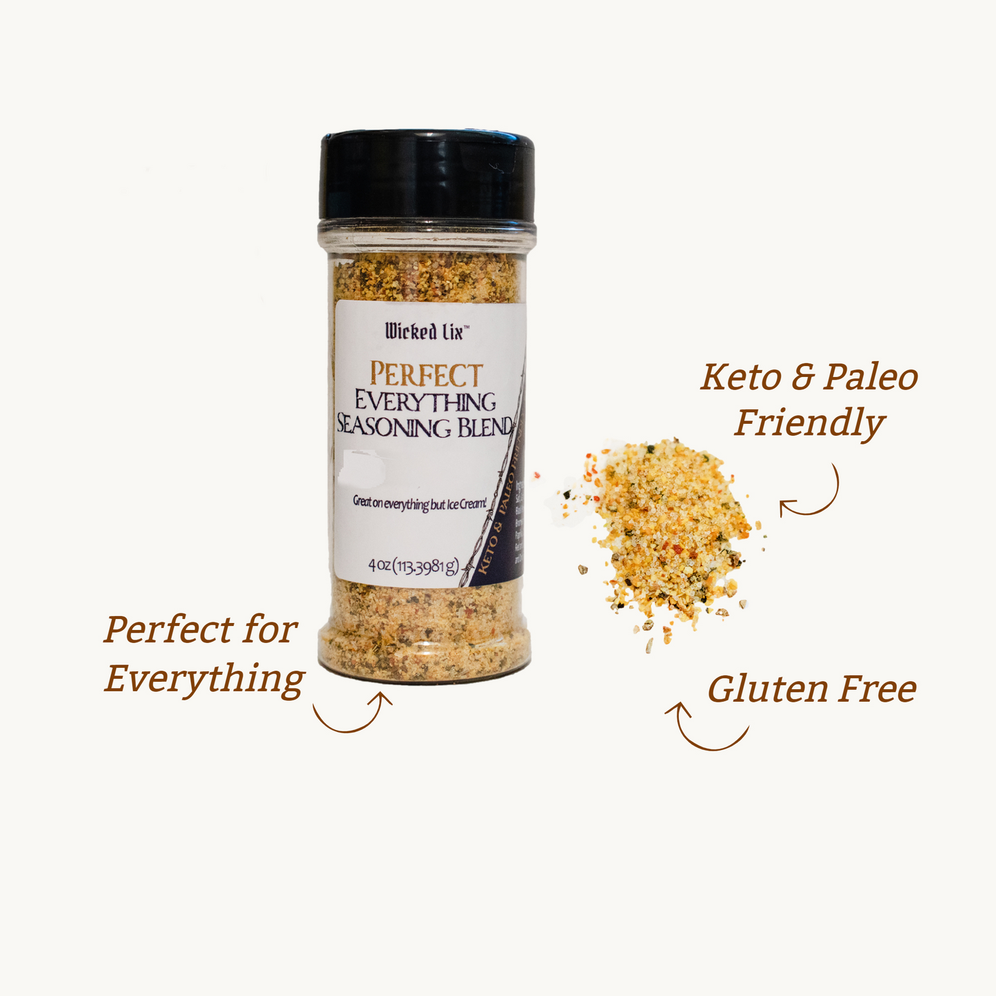 Perfect Everything Seasoning Blend Keto and Paleo approved Gluten Free All Purpose No Carb Gourmet Mixture of Garlic, Pepper, Celery, Turmeric, Onion, for Eggs, Meats, Vegies, Everything but Ice Cream Spice Shaker Bottle 4 Ounce