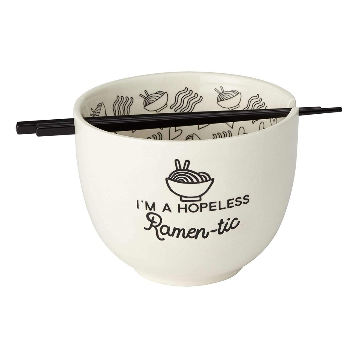 Our Name is Mud I'm a Hopeless Ramen-tic white soup bowl with black chopsticks