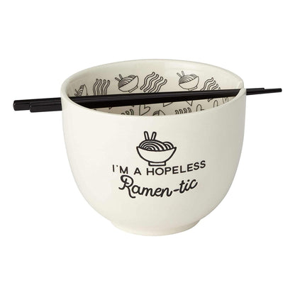 Our Name is Mud I'm a Hopeless Ramen-tic white soup bowl with black chopsticks