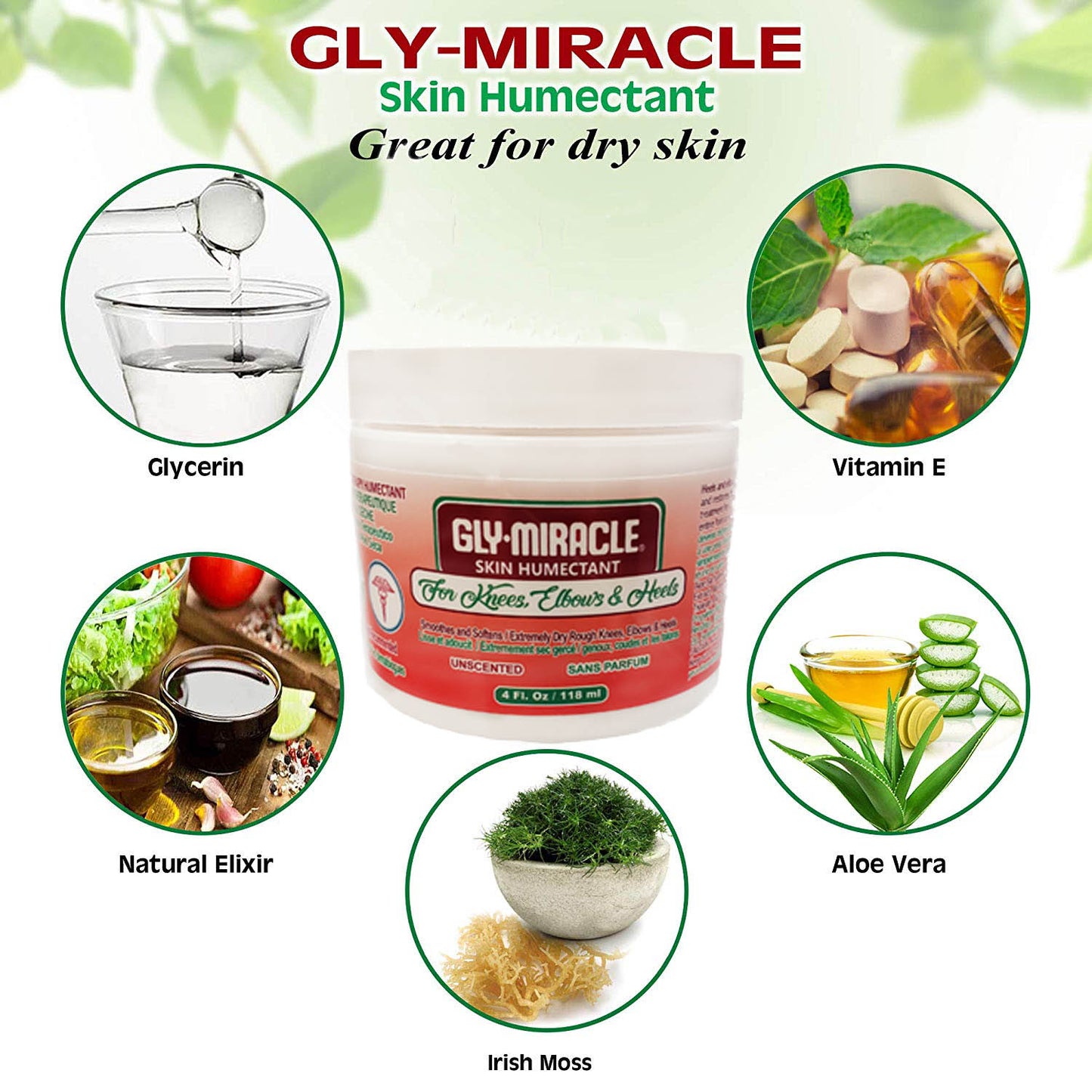 GLY MIRACLE Knees, Elbows, Heels Skin Humectant with Aloe Vera & Other Plant Extracts, 4 oz, Deep, Nourishing Hydration for Dry, Cracked, Irritated Skin on arms, legs and feet; Non- Greasy; UNSCENTED